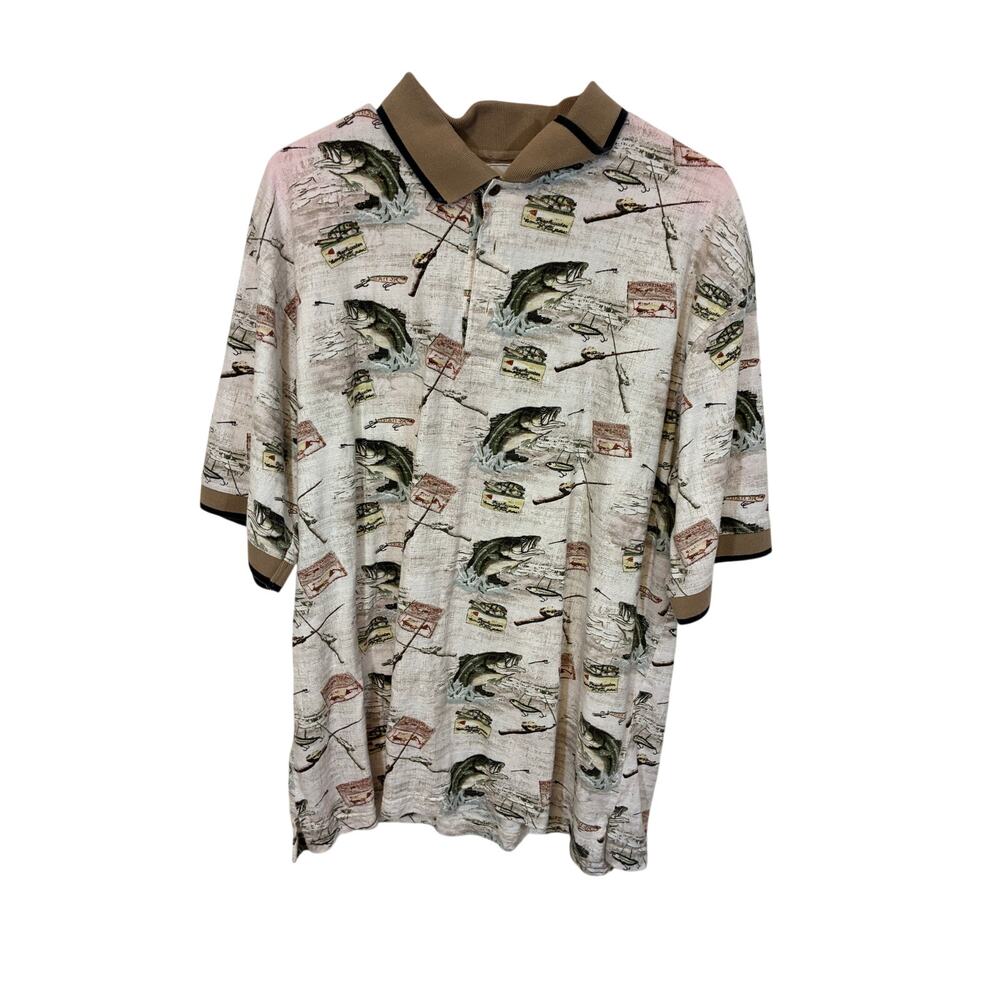 American Summer Polo Shirt Mens XL White  AOP Bass Fishing Print Casual Grandpa
